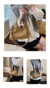 Detail of suede handbag showing knotted handle decoration and textured fabric finish