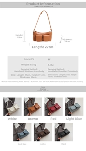 Detailed size specifications and multi-color options for the minimalist PU shoulder bag