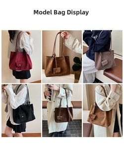 Collage of frosted suede tote bags in various autumn colors shown on models
