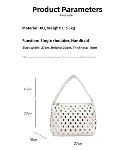 Detail view of white PU leather handbag with silver metallic rivet studs and dimensions