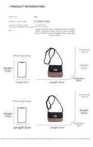 Size chart for quilted crossbody bag with metal twist lock and dual size specifications
