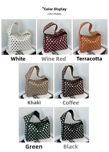 Collage of rivet shoulder bags in seven colors displayed on white decorative books