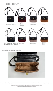 Detail showing various colors of quilted crossbody bags and internal zipper pocket layout