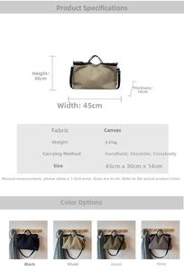 Detailed size guide and specifications chart for the large canvas tote bag showing dimensions