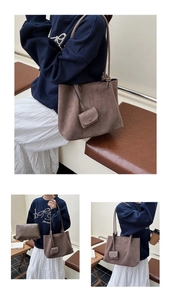 Three-piece brown suede tote bag set with matching inner pouch and small hanging accessory