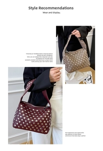 Close-up of studded handbags in burgundy and khaki with textured lychee leather details