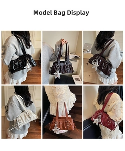 Detail of pleated underarm bag in various colors with star plush pendant and metallic buckle