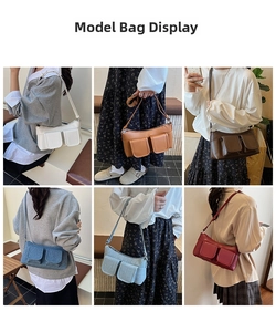 Collage of minimalist shoulder bags in six colors showing versatile styling options