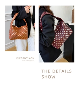 Detail view of crescent handbags with silver studs in brown and dark burgundy faux leather