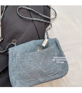 Detail of light blue denim crossbody bag featuring a back pocket for convenient storage