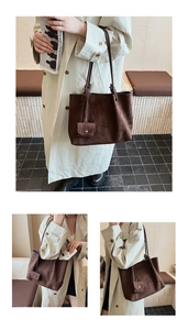 Detail of dark brown faux suede tote bag with slim straps and a mini matching coin purse