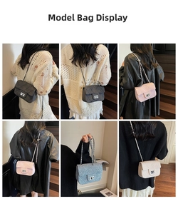 Quilted chain shoulder bag detail showing dark grey, pink, blue and beige color options