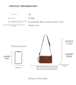 Size guide for matte PU crossbody bag showing dimensions and iPhone scale comparison