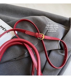 Close-up of red leather handbag with adjustable golden metal buckle and smooth strap
