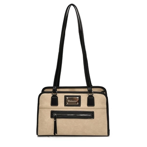 Chic beige and black large capacity underarm tote bag with metal logo and front zipper