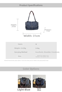 Tableau des tailles et spécifications du sac bandoulière vintage en denim bleu
