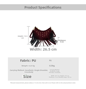 Detailed dimensions of burgundy PU fringe bag with gold studs and size specifications