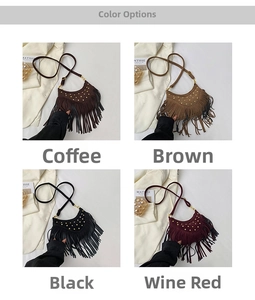 Bohemian tassel crossbody bag detail in coffee, brown, black, and wine red color options