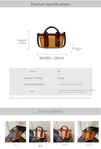 Detailed size chart and multi-color view of mini canvas satchel with leather handles