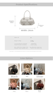 Detailed chart showing PU leather Boston bag dimensions 24x14x10cm and color options