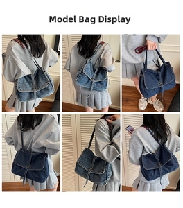 Vues détaillées d'un grand sac en denim avec coutures élégantes et bretelles polyvalentes