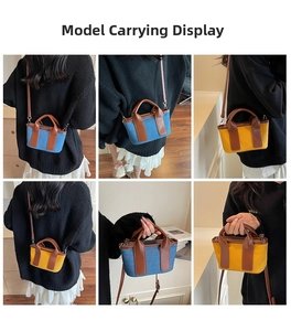 Detailed views of mini denim tote bag in blue and yellow showing various carrying styles