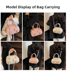 Detailed views of mini pink and cream crossbody bag with front pockets and long strap