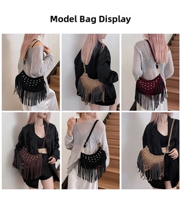 Detail view of retro bohemian half-moon crossbody bag with rivets and tassels in four colors