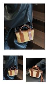 Dettaglio mini borsa tote in tela con finiture in pelle marrone e tracolla rimovibile