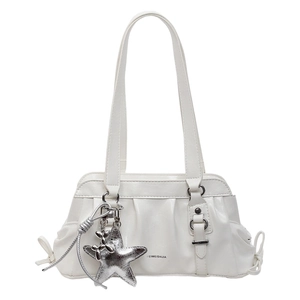 Chic white patent leather underarm bag with pleated design and silver star charm