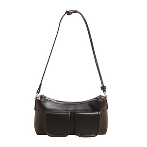Minimalist black PU leather underarm bag with front flap pockets and silver zipper detail