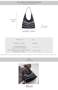 Detailed chart showing navy striped PU tote bag dimensions, weight, and material specs