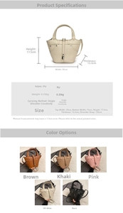 Guide des tailles et détails du sac seau en cuir PU avec motif litchi en cinq couleurs