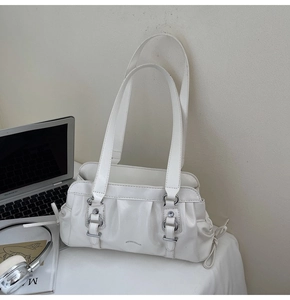 White glossy shoulder bag underarm bag pleated design with dual straps for women daily wear