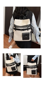 Detail of vintage beige backpack showing texture, black leather buckle, and flap pocket