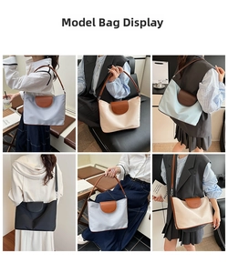 Multiple views of women's nylon tote bag showing color-block design and large capacity