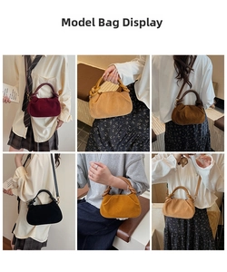 Collage showing stylish pleated handbags in six colors with knotted handles and straps