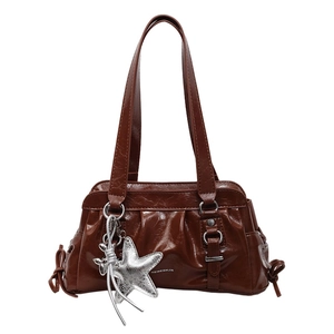Brown glossy shoulder bag with star pendant and ruched details in minimalist style