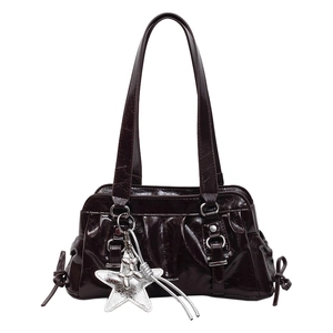 Minimalist glossy dark brown underarm bag with silver star charm and pleated leather