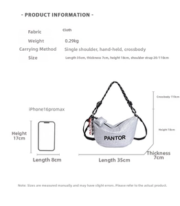 Detailed size specs for silver quilted crescent bag with adjustable straps