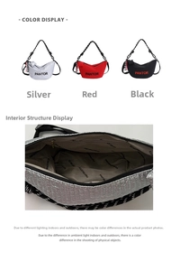 Details of pleated crossbody bags in silver, red, and black with woven rope shoulder straps