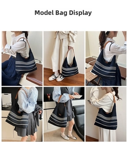 Detailed views of high-capacity striped canvas shoulder bag with brown leather straps