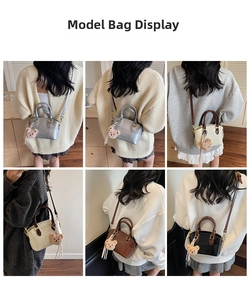 Rear view of models showcasing the mini PU leather crossbody bucket bag in various colors