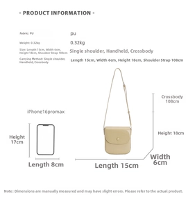 Comparaison de taille de la sacoche beige en PU avec smartphone et dimensions détaillées