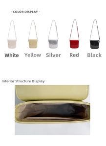 Détails des cinq couleurs en cuir verni et de la structure interne de la sacoche