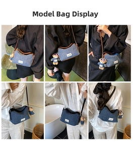 Blue denim crossbody bag featuring brown leather trim and cute plush bear accessory