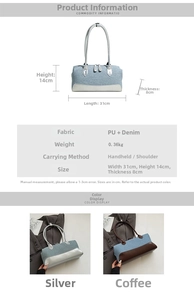 Detailed dimensions of 31cm denim and PU leather shoulder bag with zipper closure