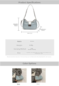 Detail view of denim PU shoulder bag with rhinestones and silver metal chain strap