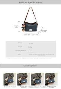 Detailed size specifications for denim crossbody bag with bear pendant and dimensions