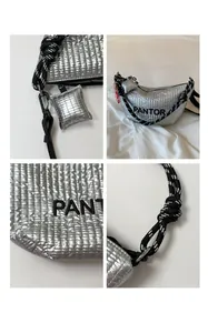 Detail of silver pleated crossbody bag with woven knot strap and Pantor letter print